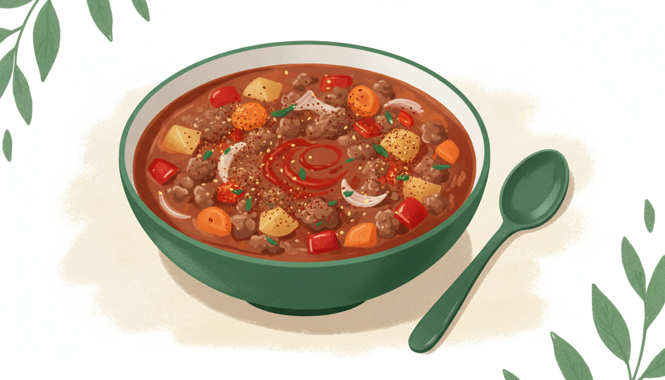 Illustration af nem gullaschsuppe med hakket oksekød